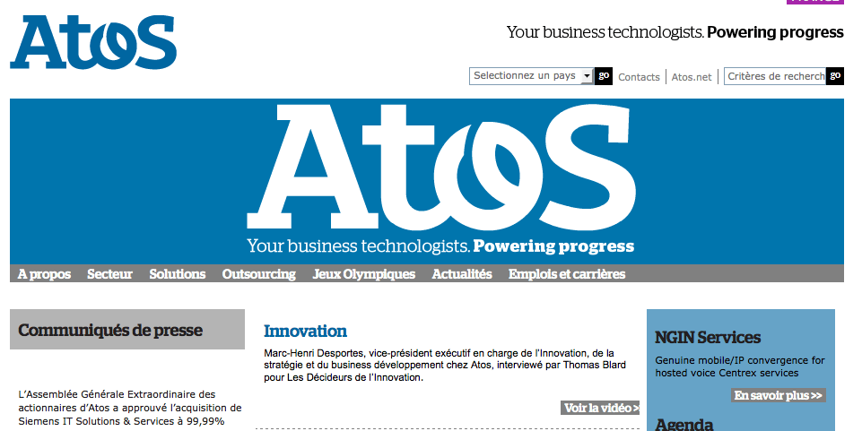 Page d'accueil du site internet d'Atos